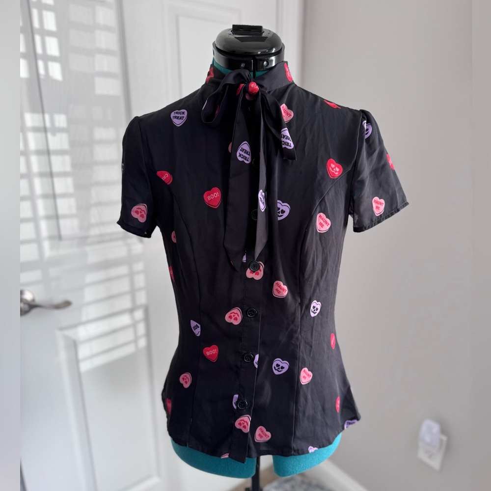 Unique Vintage Spooky Conversation Heart Print Elsie Blouse